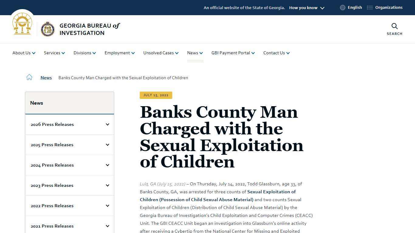 Banks County Man Charged with the Sexual Exploitation of Children Georgia Bureau of Investigation